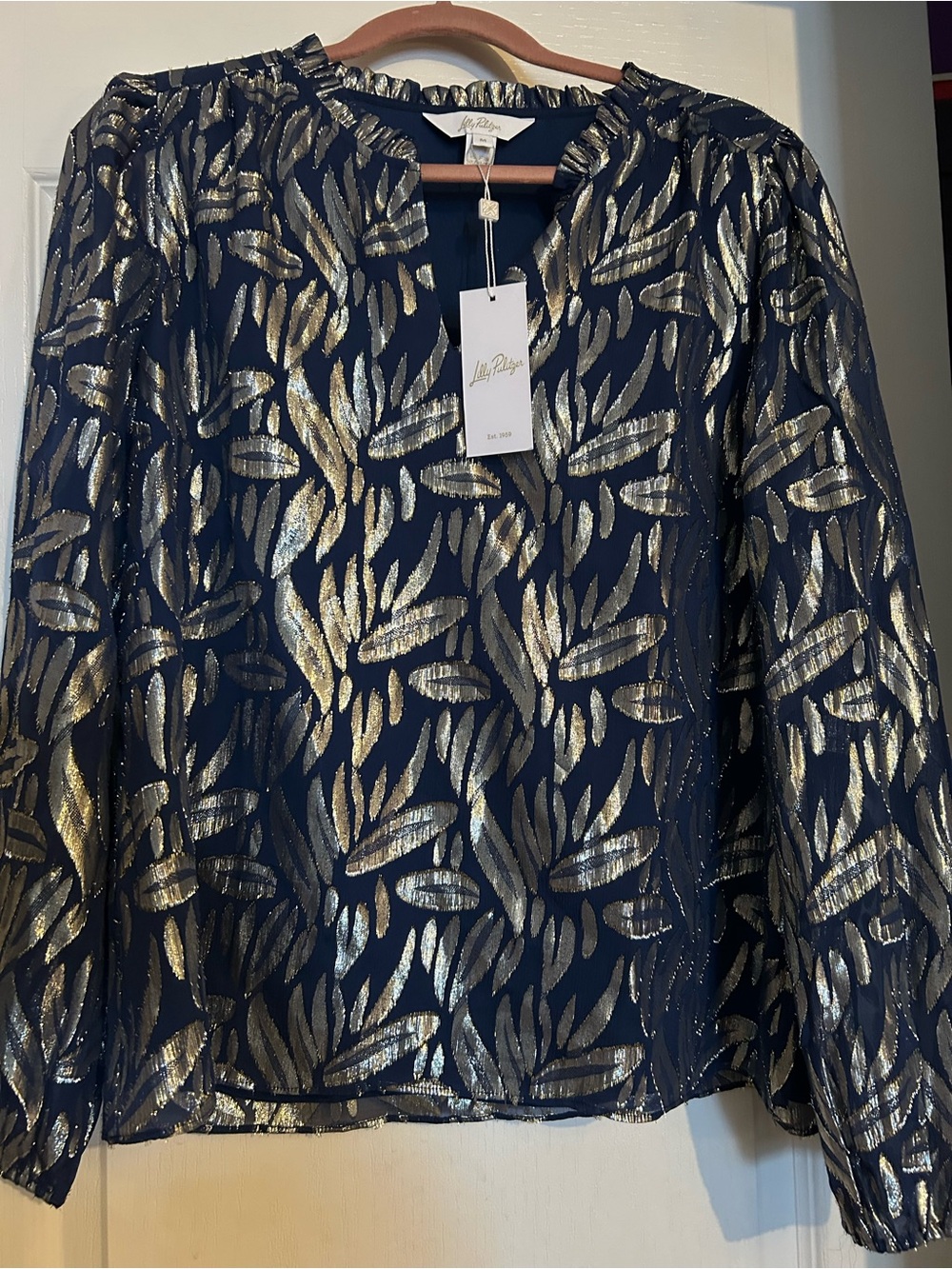 Lilly Pulitzer Navy Silk Giana Blouse with Gold Leaf Print